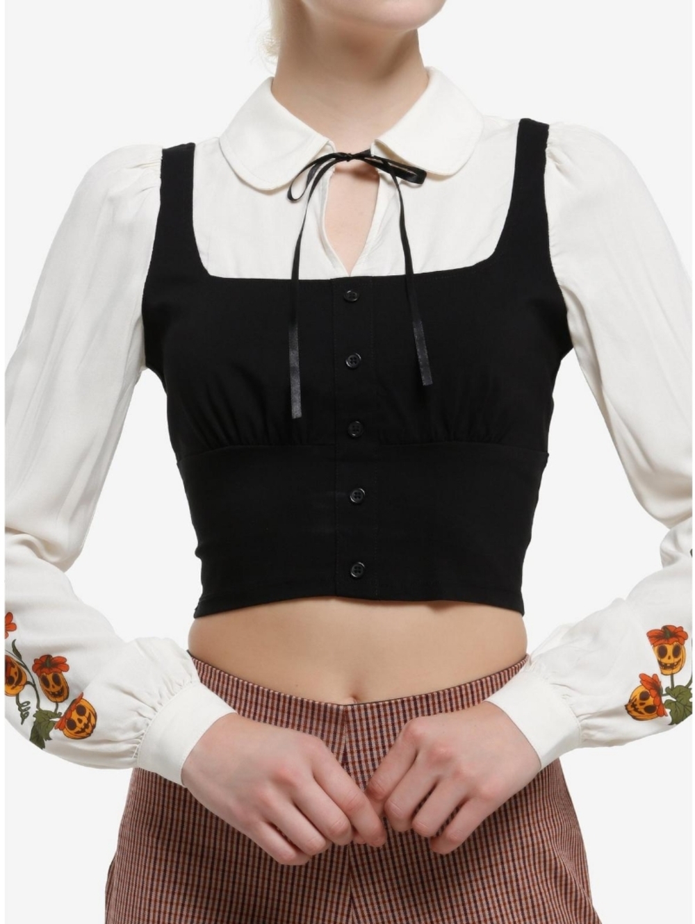 Thorn & Fable Pumpkin Flower Vest Twofer Long-Sleeve Top